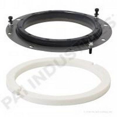 Kit de reparación de brida de inodoro de dos piezas: anillo negro con pernos y anillo de plástico blanco.