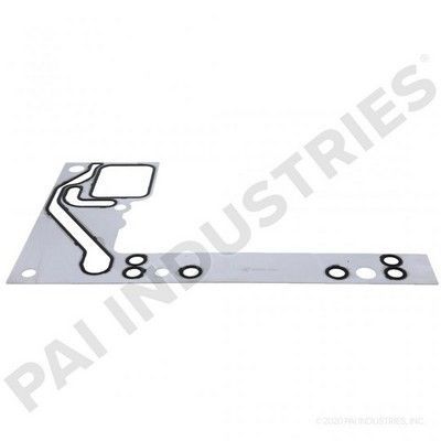 Junta con juntas de goma negras sobre placa plateada.