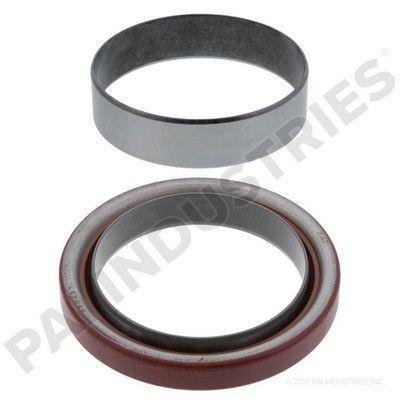 Dos partes del motor: un sello circular con goma roja y un anillo de metal plateado.