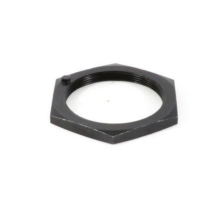 Contratuerca hexagonal negra con roscas internas y un pequeño tornillo de fijación.
