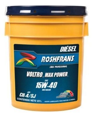 Contenedor de aceite diésel Roshfrans de color amarillo; tapa azul, etiqueta negra con texto 