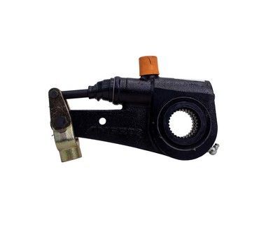 Ajustador automático de holgura negro con tapa naranja, utilizado en sistemas de frenado de vehículos.