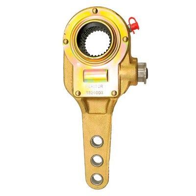 Ajustador automático de holgura de color dorado con tapa antipolvo roja y tres orificios de montaje.