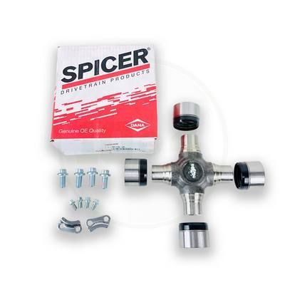 Kit de junta universal Spicer con caja, pernos y clips; fondo blanco.