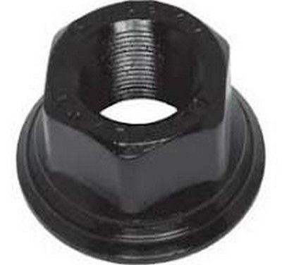 Tuerca de brida hexagonal de color negro con roscas internas.