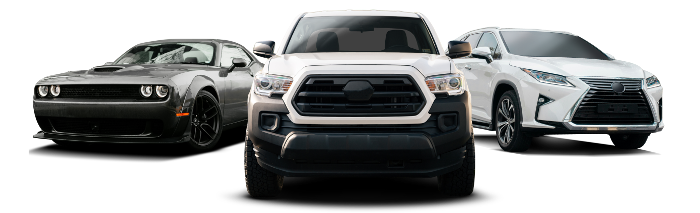 Three vehicles: a gray Dodge Challenger, a white Toyota Tacoma, and a white Lexus RX. | Moorhead Auto Care & Tires