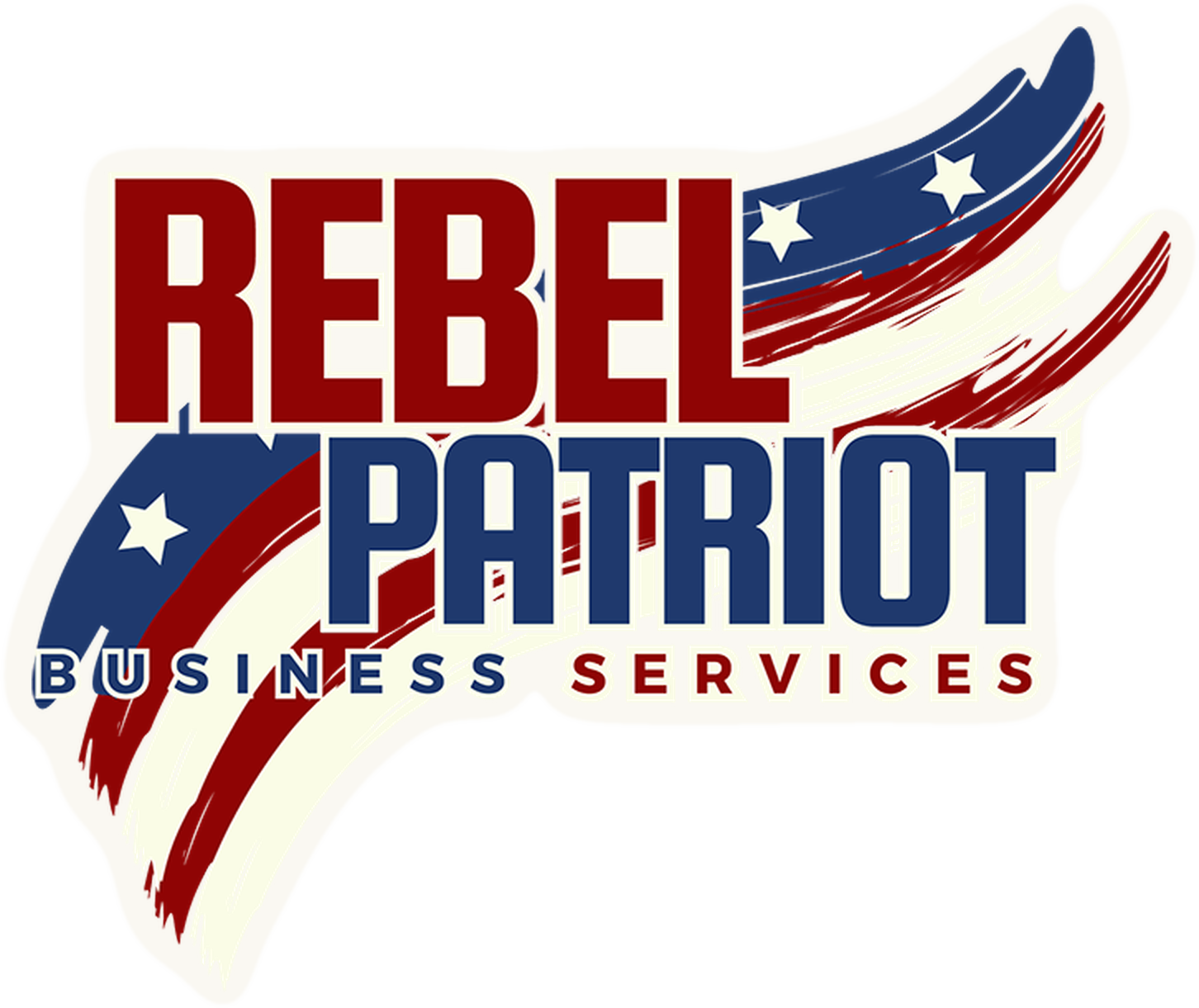 Rebel Patriot Business Services logo in red, white and blue with stars and sweeping stripes