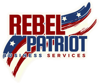 Rebel Patriot Business Services logo in red, white and blue with stars and sweeping stripes