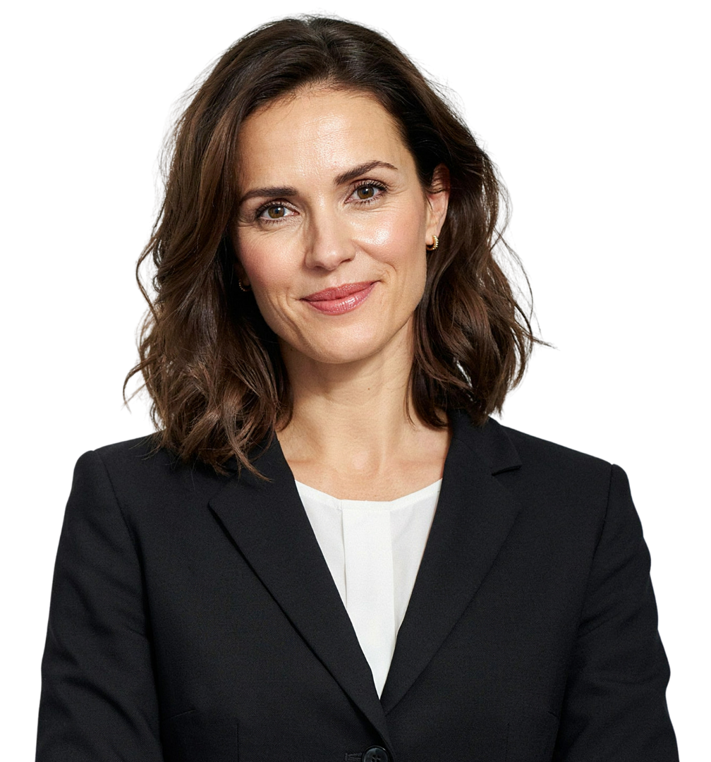 A woman in a black jacket smiling.