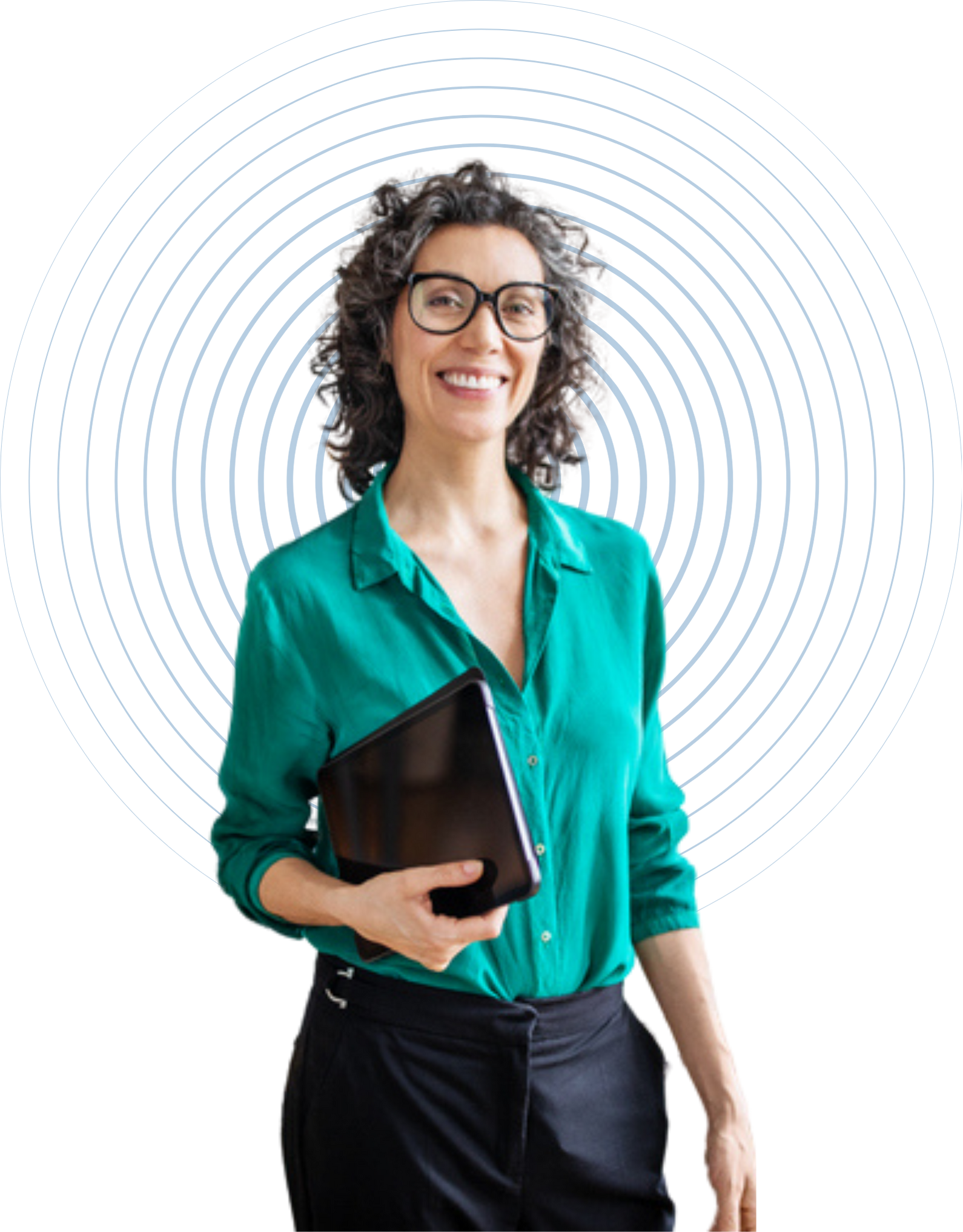 Peoplebank contractor in a teal blouse holding a black folder
