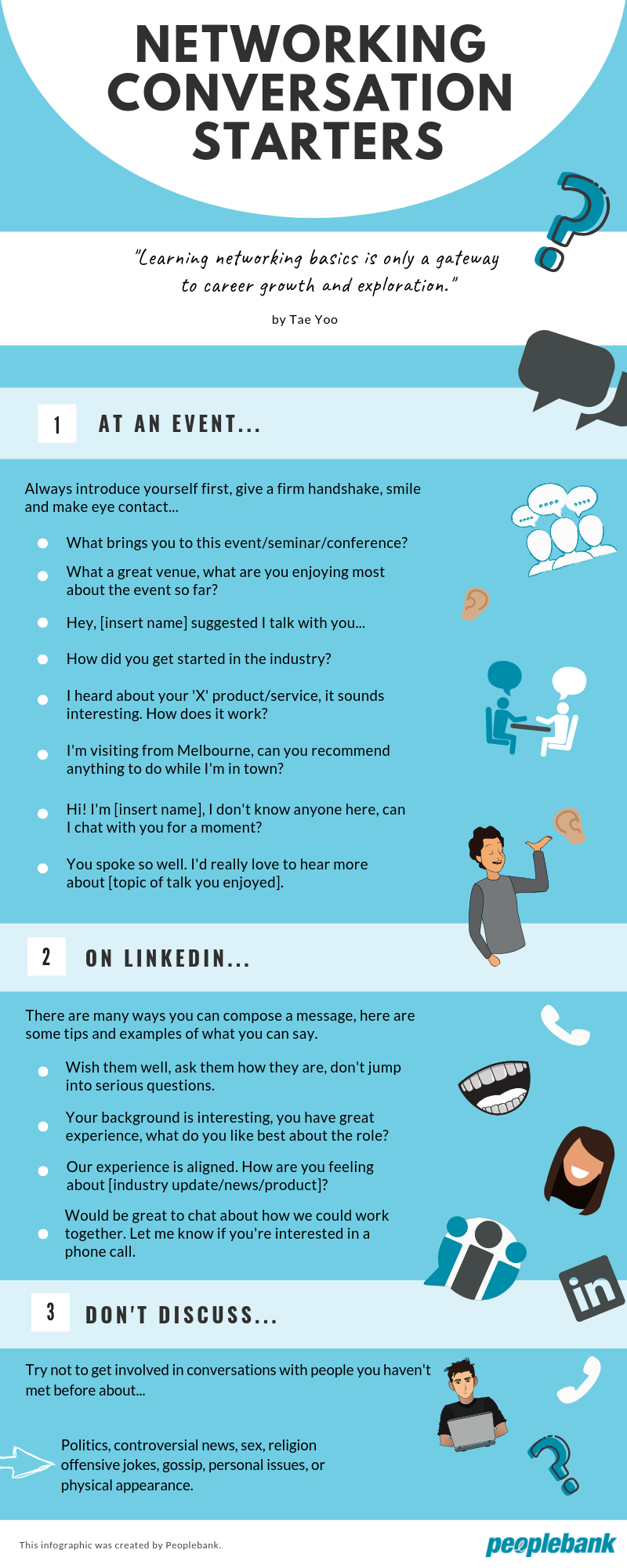 A blue poster with a list of networking conversation starters.
