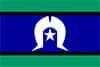 A blue and green flag with a white horseshoe and a star on it.