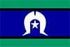 A blue and green flag with a white horseshoe and a star on it.