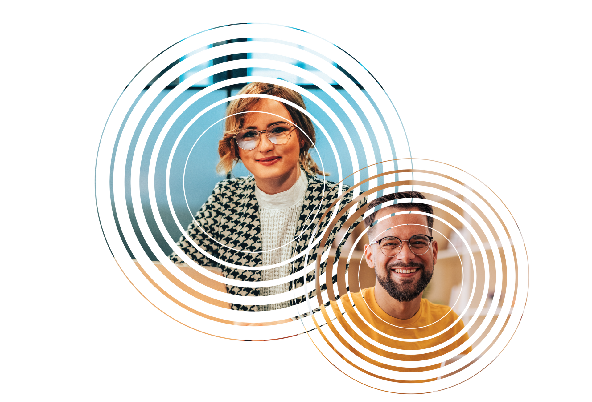 Two Peoplebank recruiters in overlapping blue and orange concentric circles