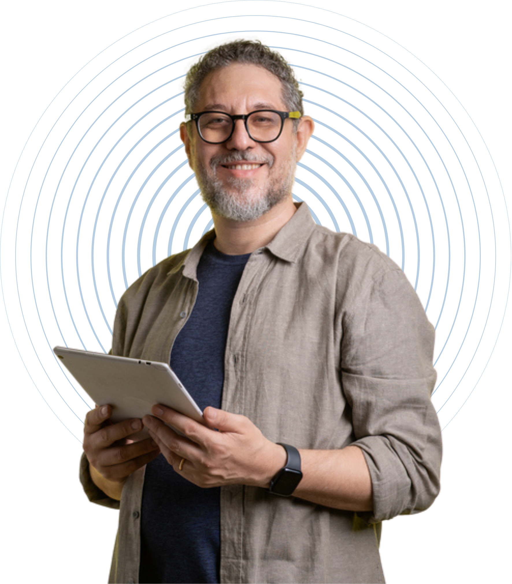 Peoplebank contractor with glasses holding a tablet 