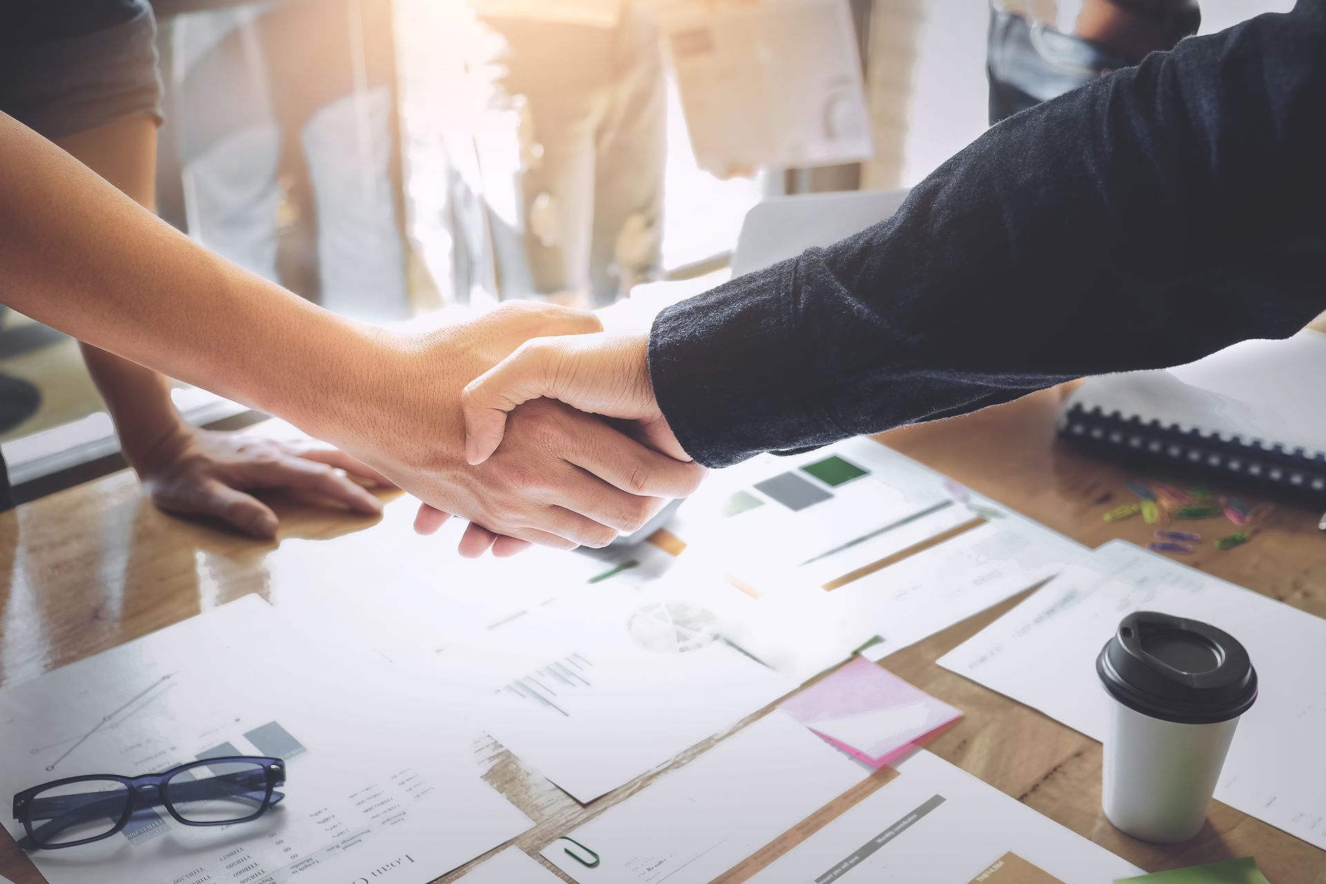 Two people are shaking hands over a table.