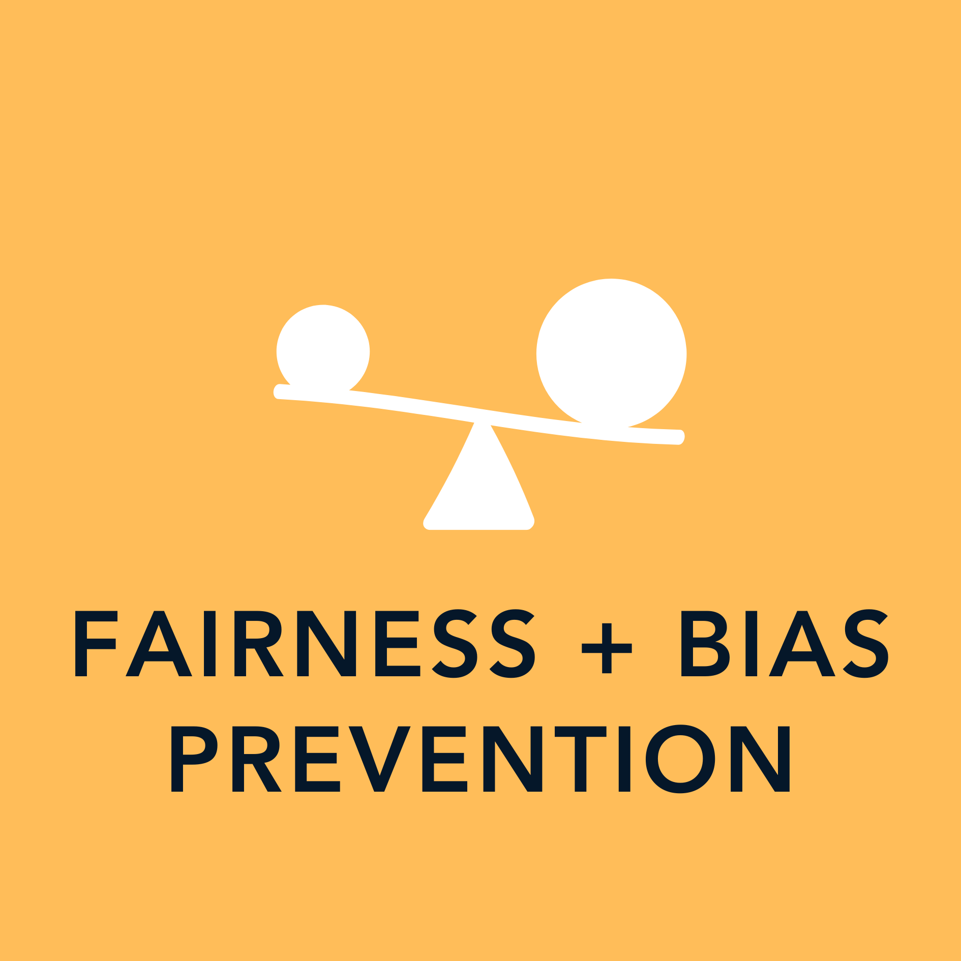 Fairness and bias prevention icon on orange background, with balanced scale graphic.