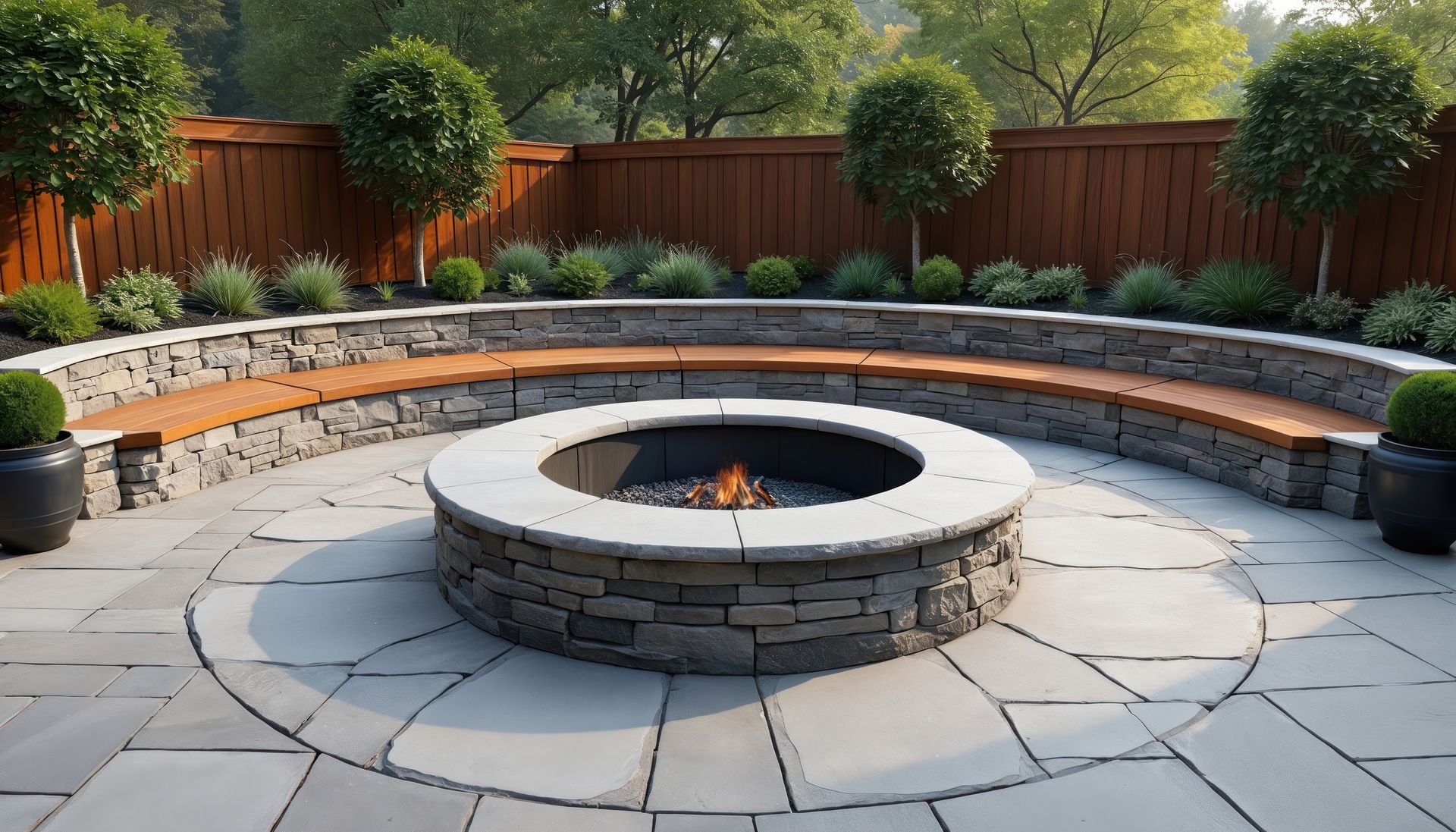 Curved stone seating surrounds a circular fire pit on a concrete patio. Curved stone seating surrounds a circular fire pit on a concrete patio.