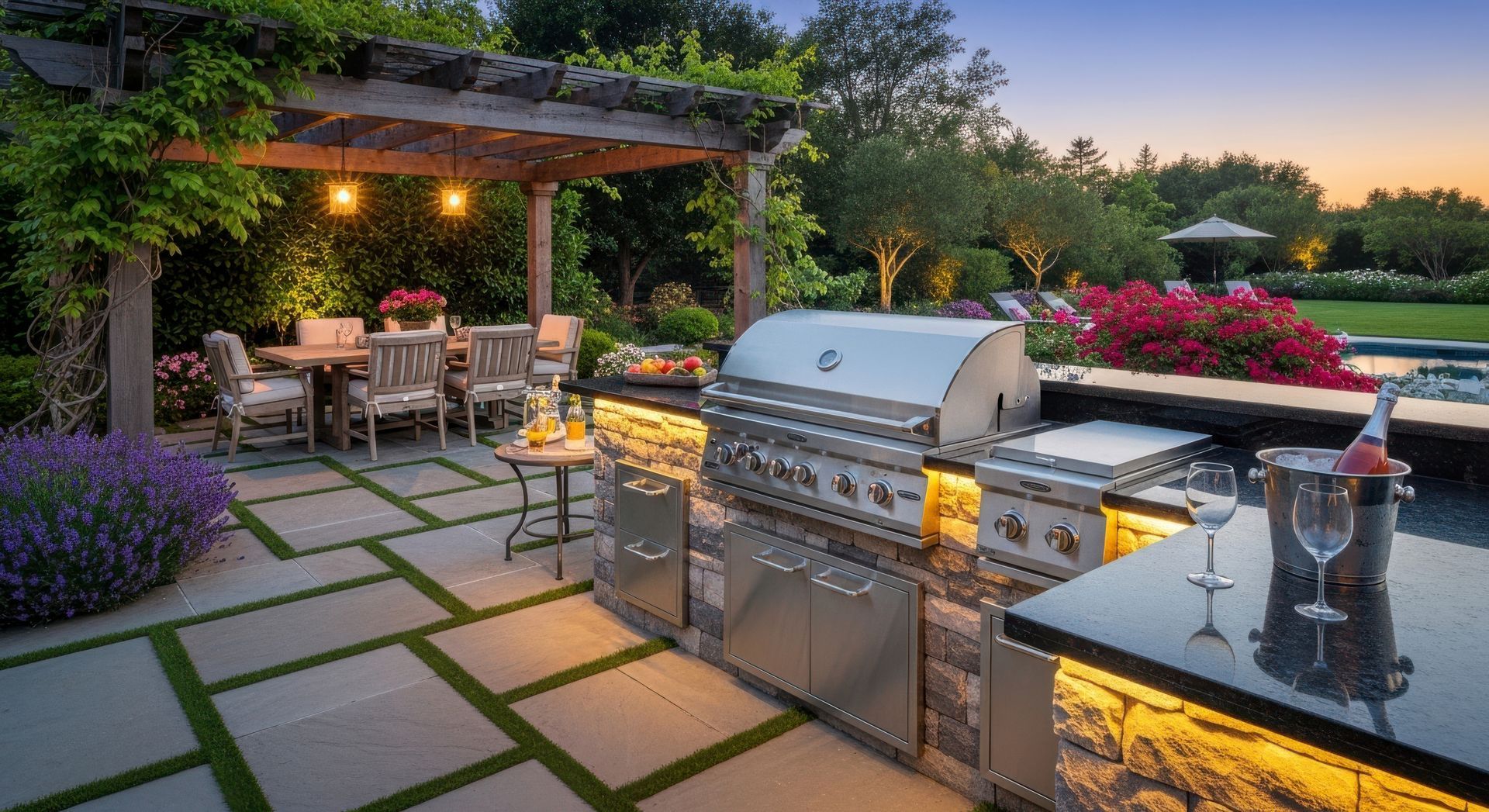 Covered outdoor kitchen with stone countertops, grill, and backyard pool view. Covered outdoor kitchen with stone countertops, grill, and backyard pool view.