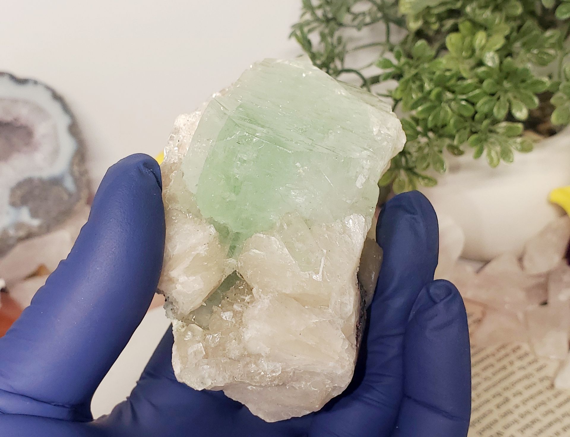 Green Apophyllite crystals with stilbite (Fluorapophyllite-(K)