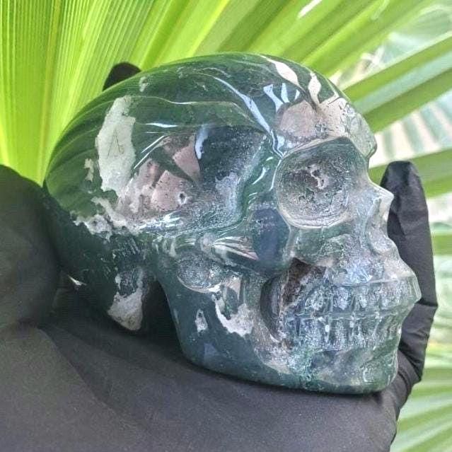 Green Moss Agate skull, Carved Crystal Skull 420g