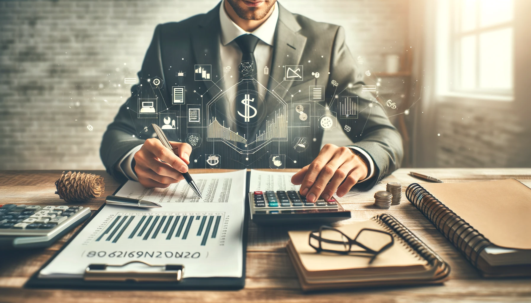 Man in suit calculating finances at a desk. Charts, calculator, money, and documents are present.