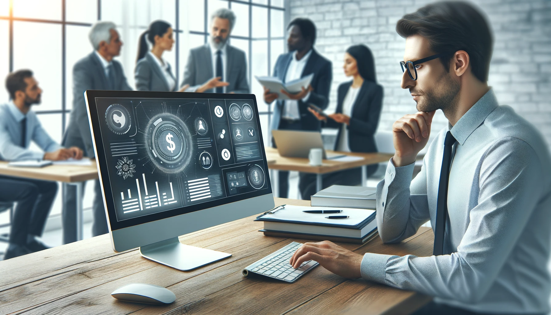 Man working at a desk with a computer displaying data, colleagues in the background.