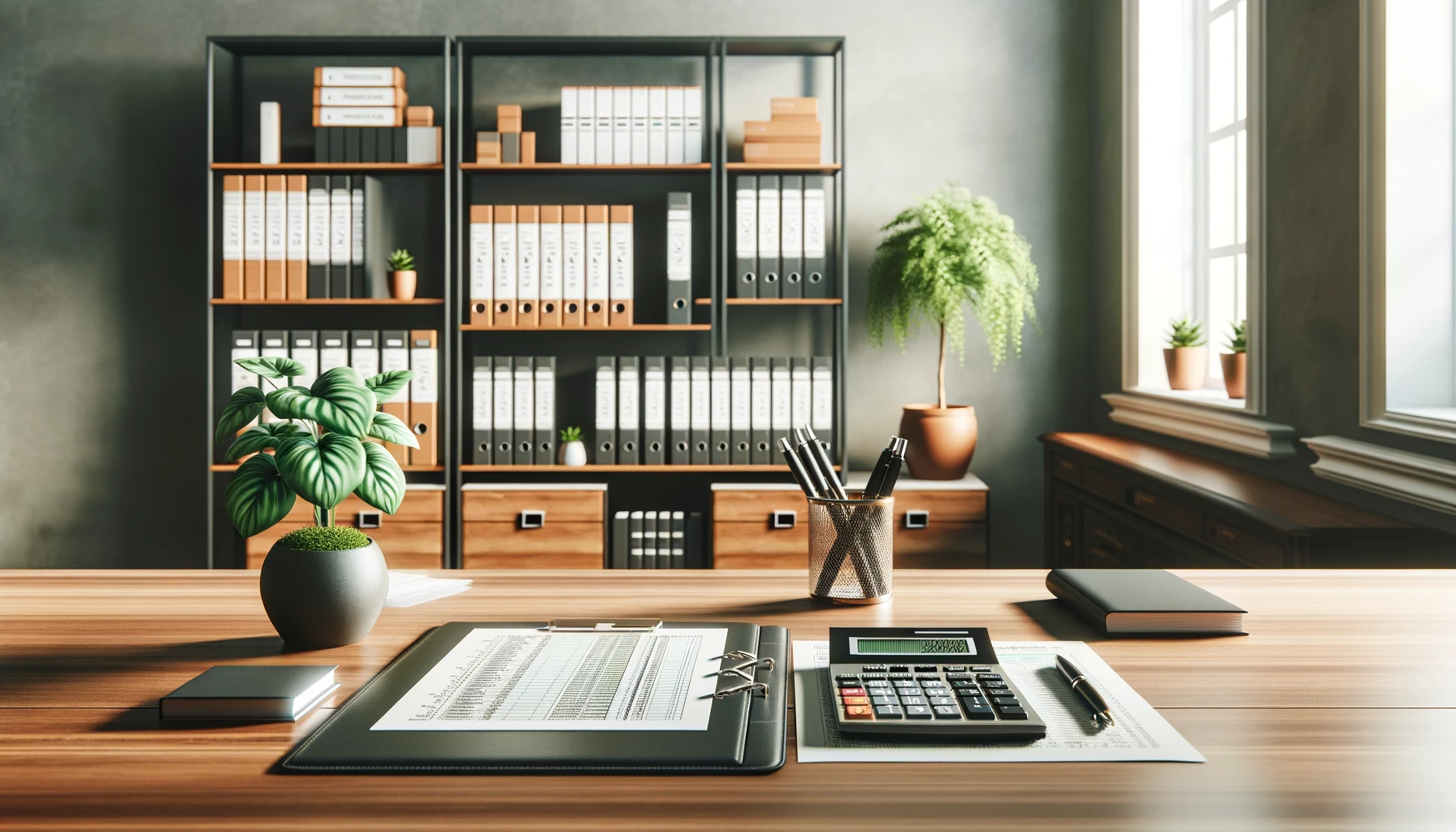 Office desk with documents, calculator, and potted plants, in front of a bookcase.