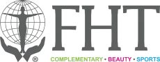 Logo with a person inside a globe held by hands, and the letters FHT, with