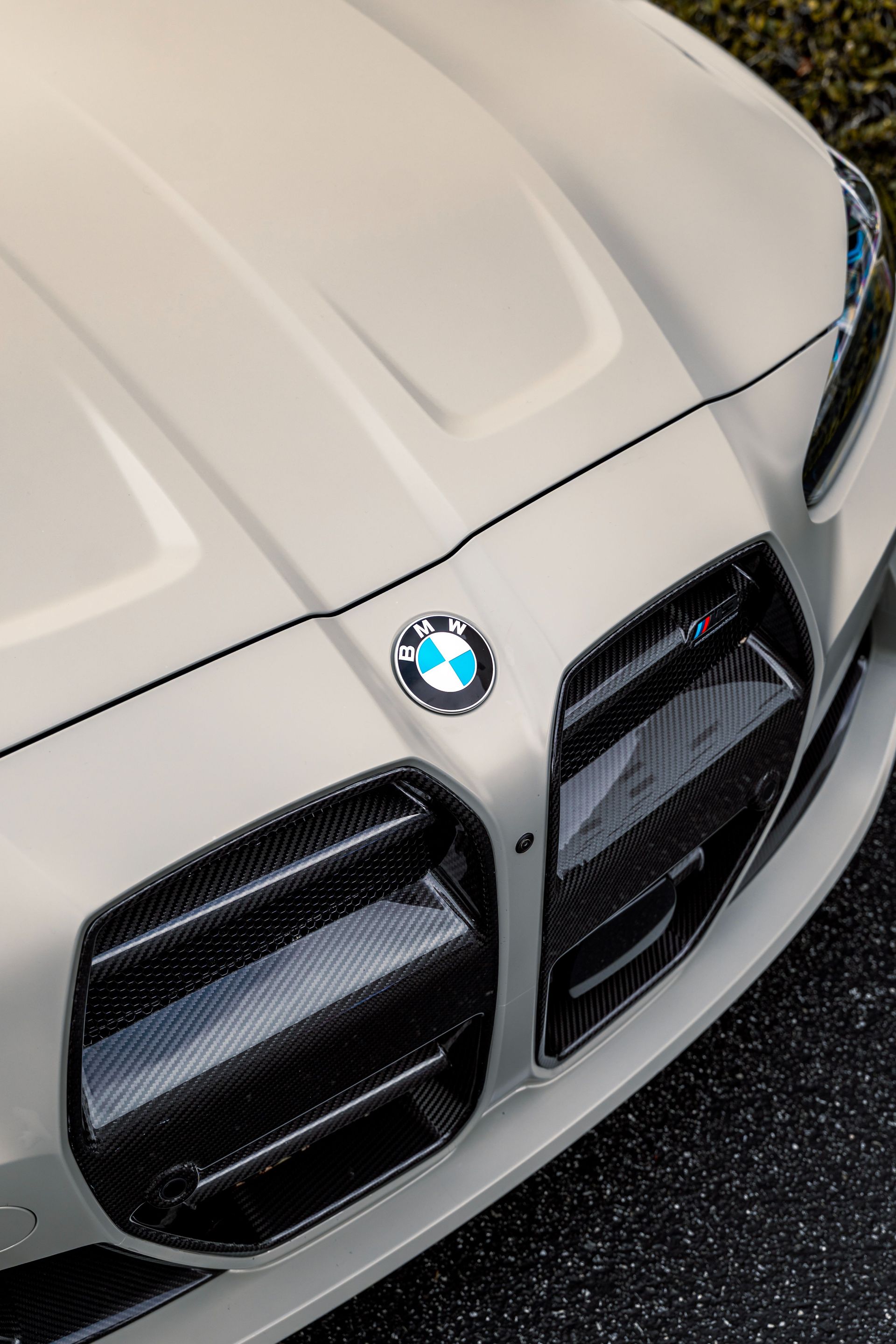 Close-up of a white BMW front grille and hood emblem on wet pavement
