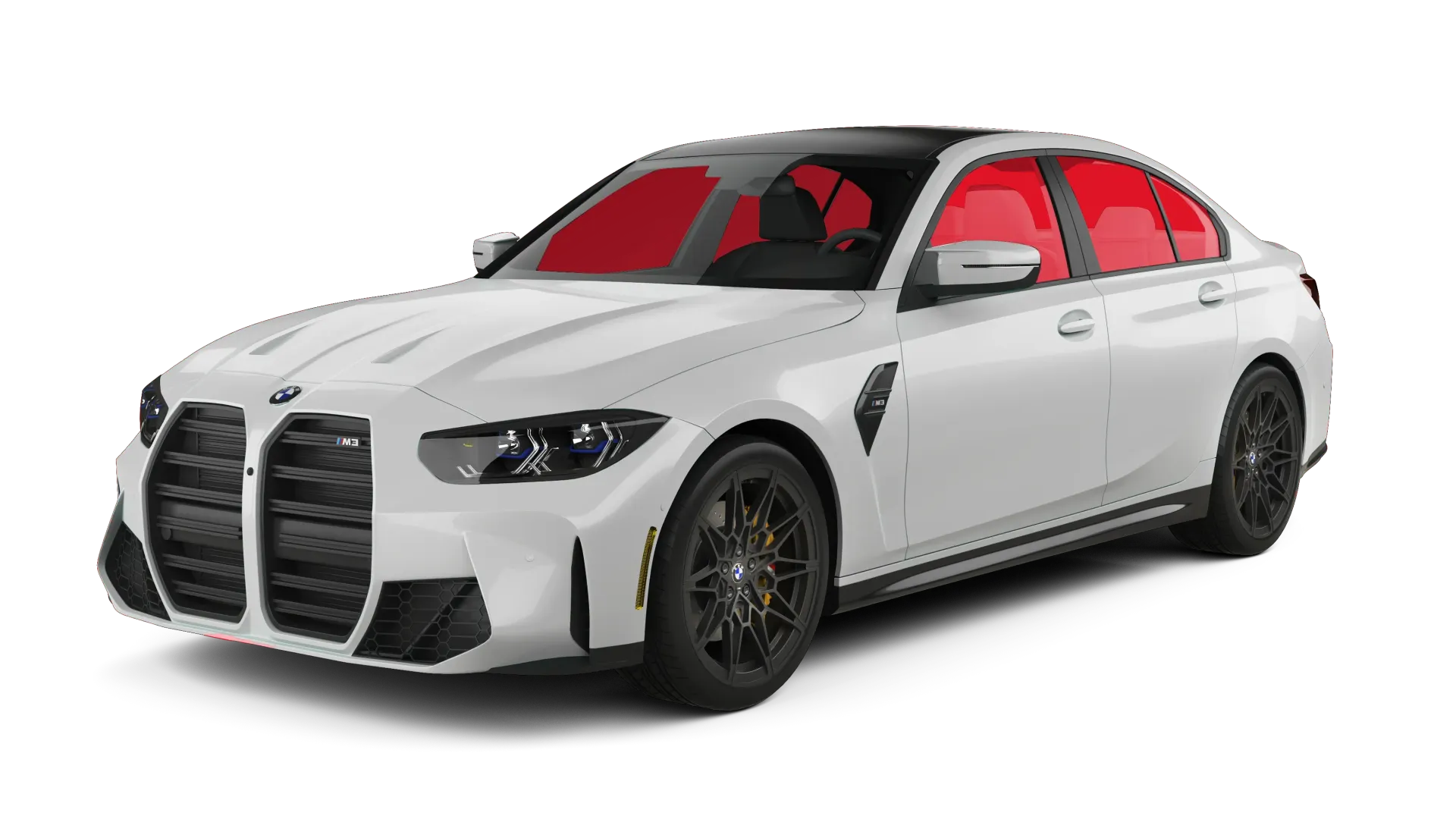 White sports sedan with red interior and black wheels on a white background
