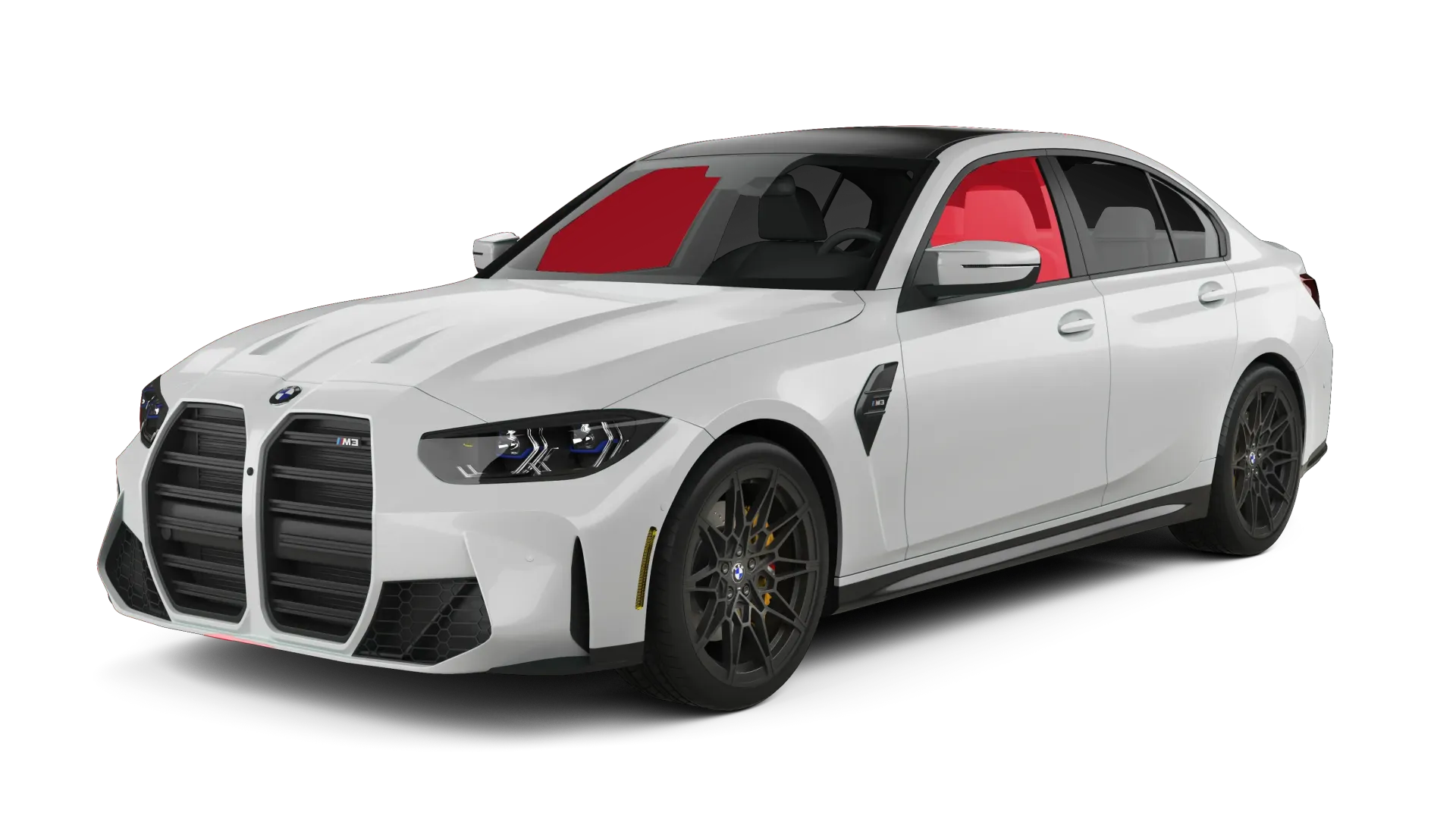 White BMW sedan with black wheels and a red interior, shown on a white background