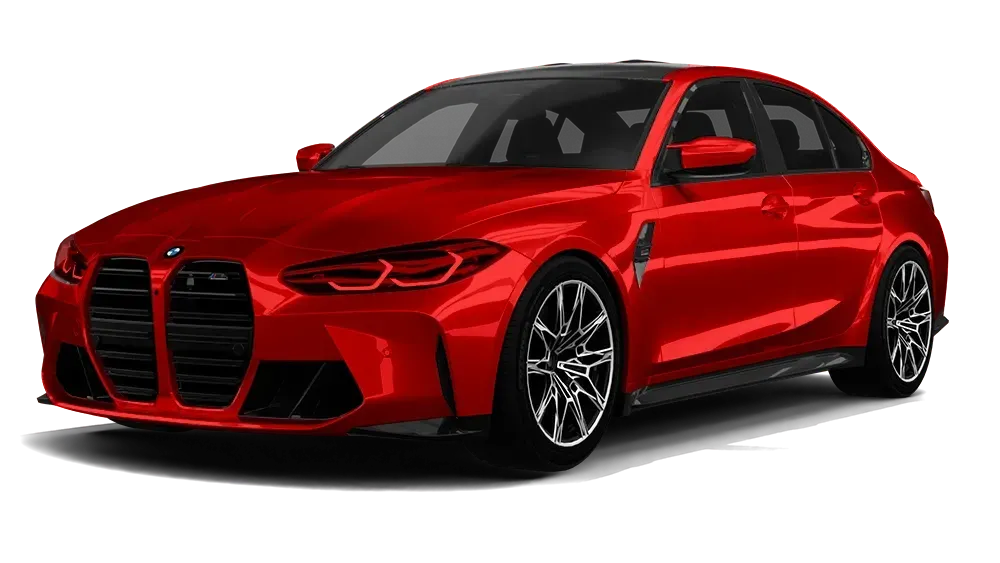 Red BMW sedan on a white background, front three-quarter view