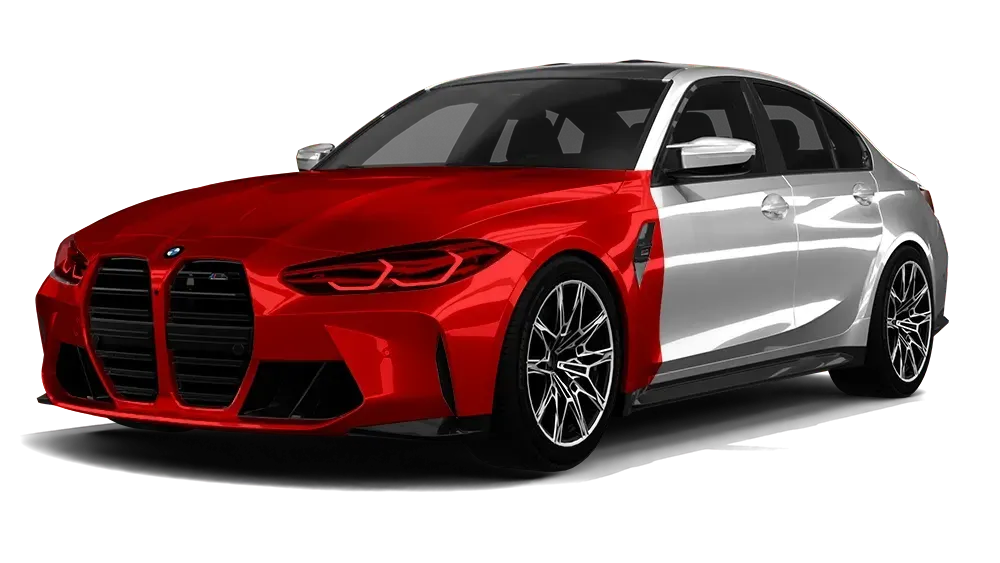 Red and silver BMW sports coupe in side view on a white background