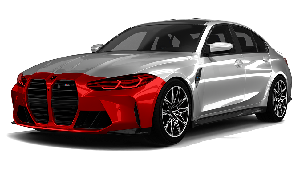 Red and silver sports coupe with a black grille on a white background