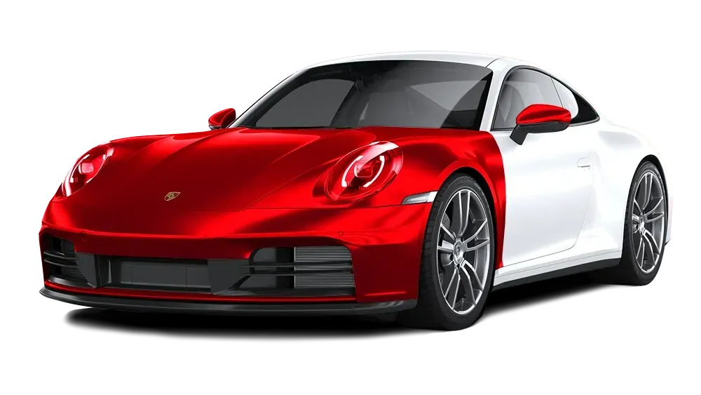 Red and white sports car on a white background, front three-quarter view.