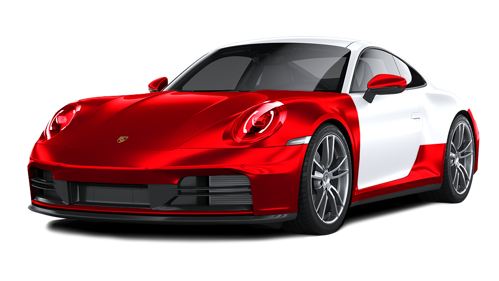 Red and silver sports car angled on a white background