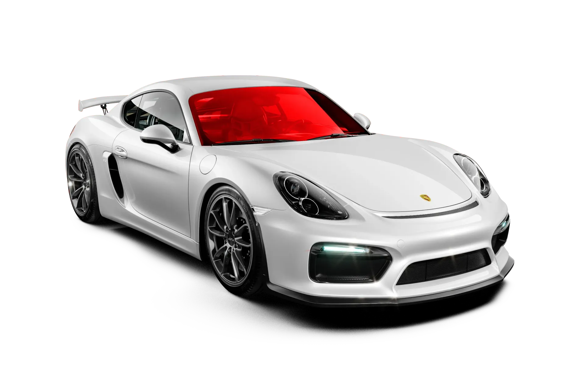 White sports coupe with red-tinted windshield on a white background