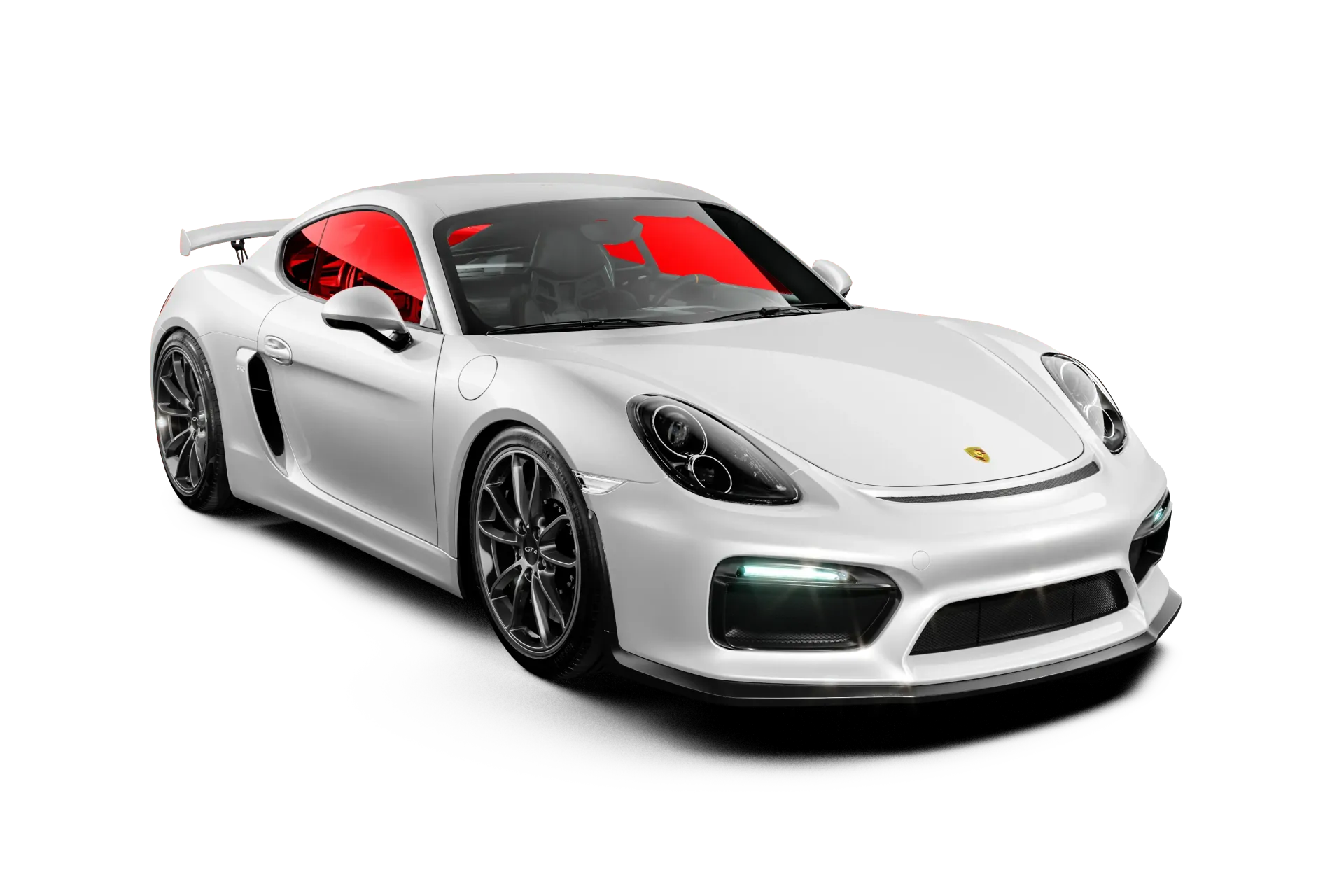 White sports car with red interior, shown in a front three-quarter view on a white background