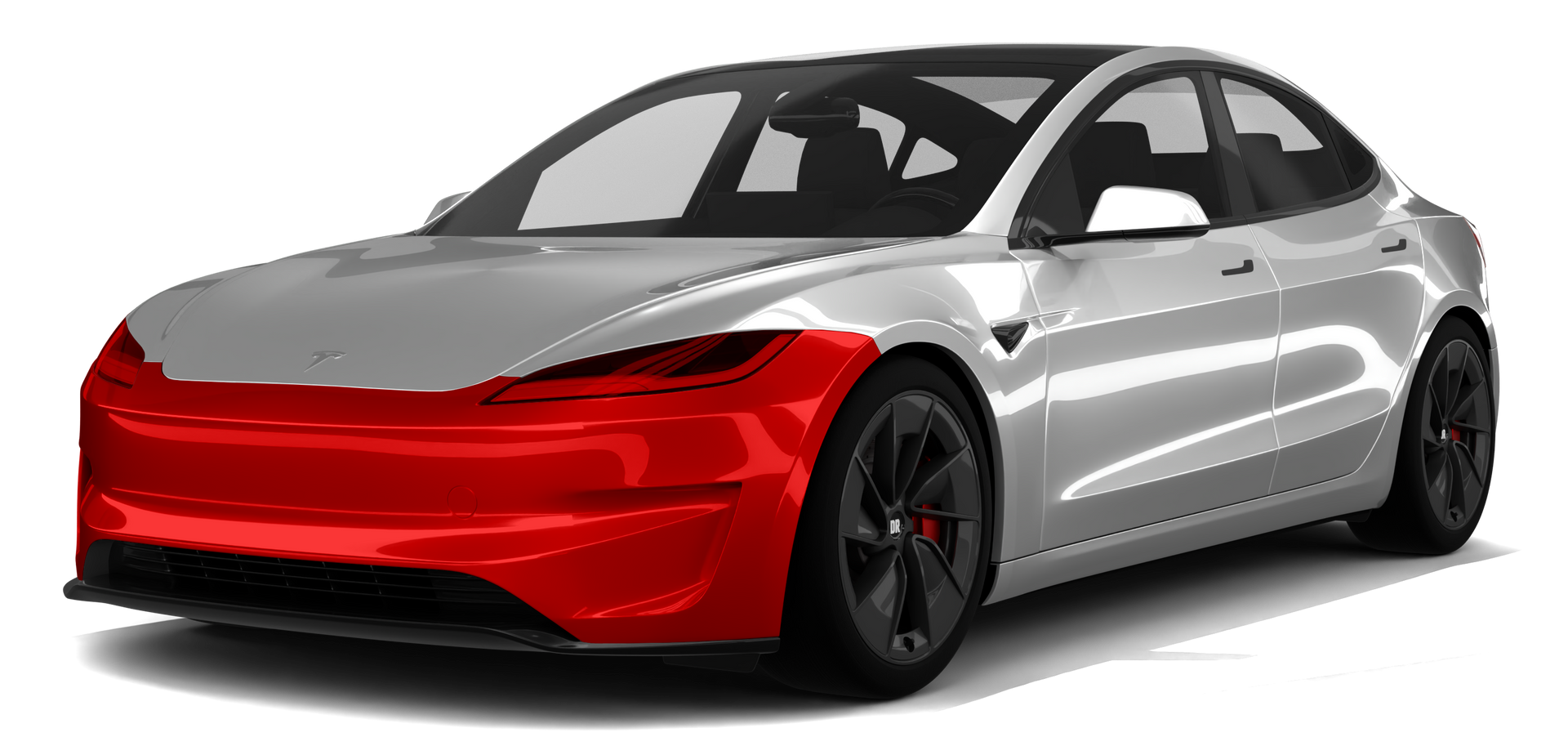 Sleek silver sedan with a bright red front end, shown in a studio-like white background
