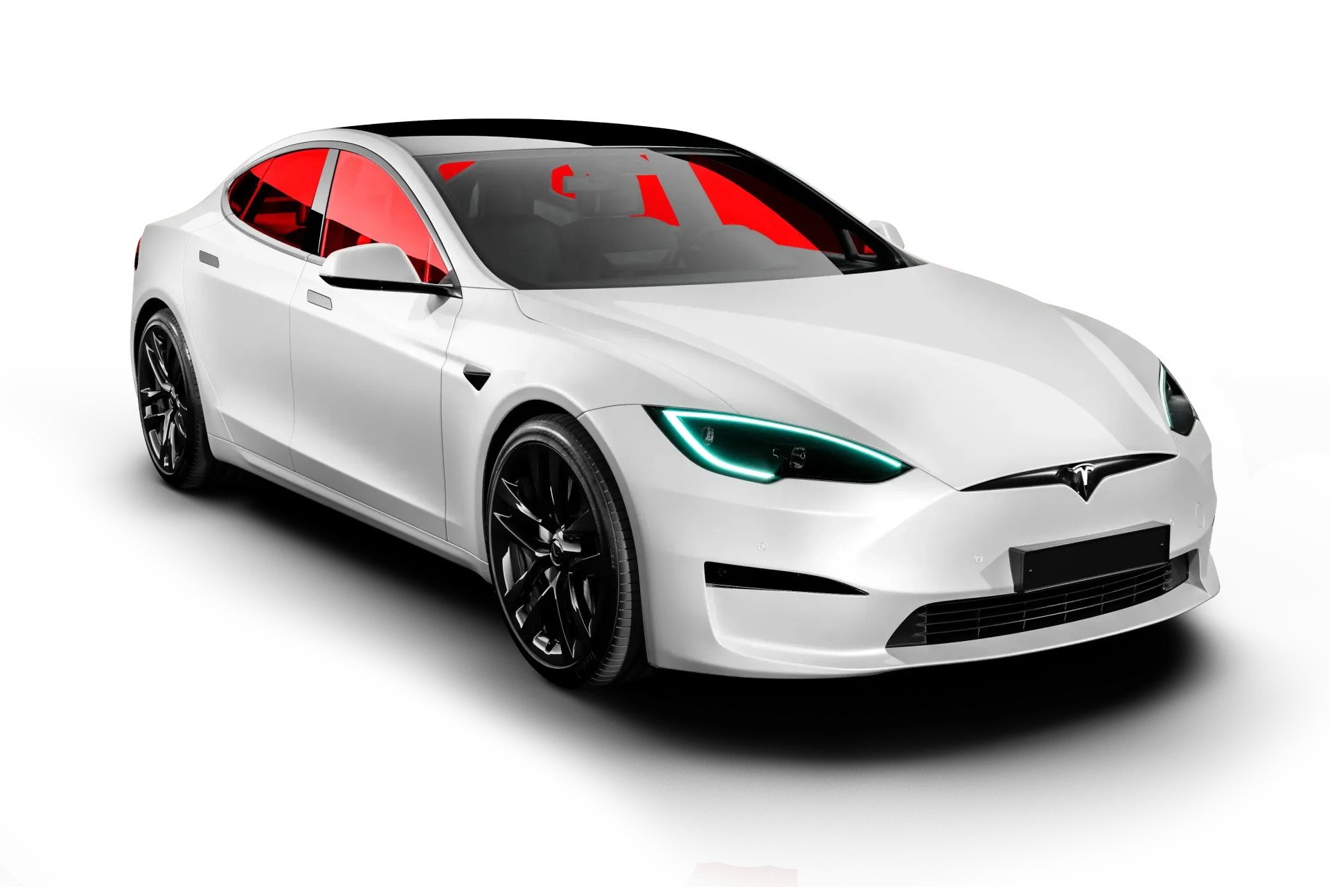 White Tesla Model S electric sedan with black wheels on a white background