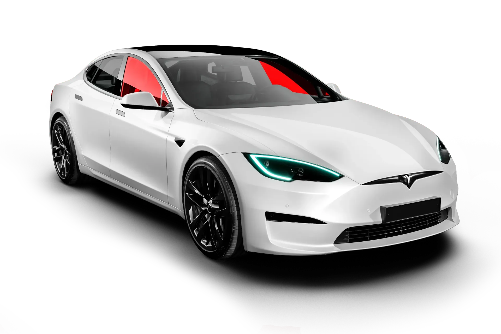 White Tesla Model S with red interior, shown in front three-quarter view on a white background