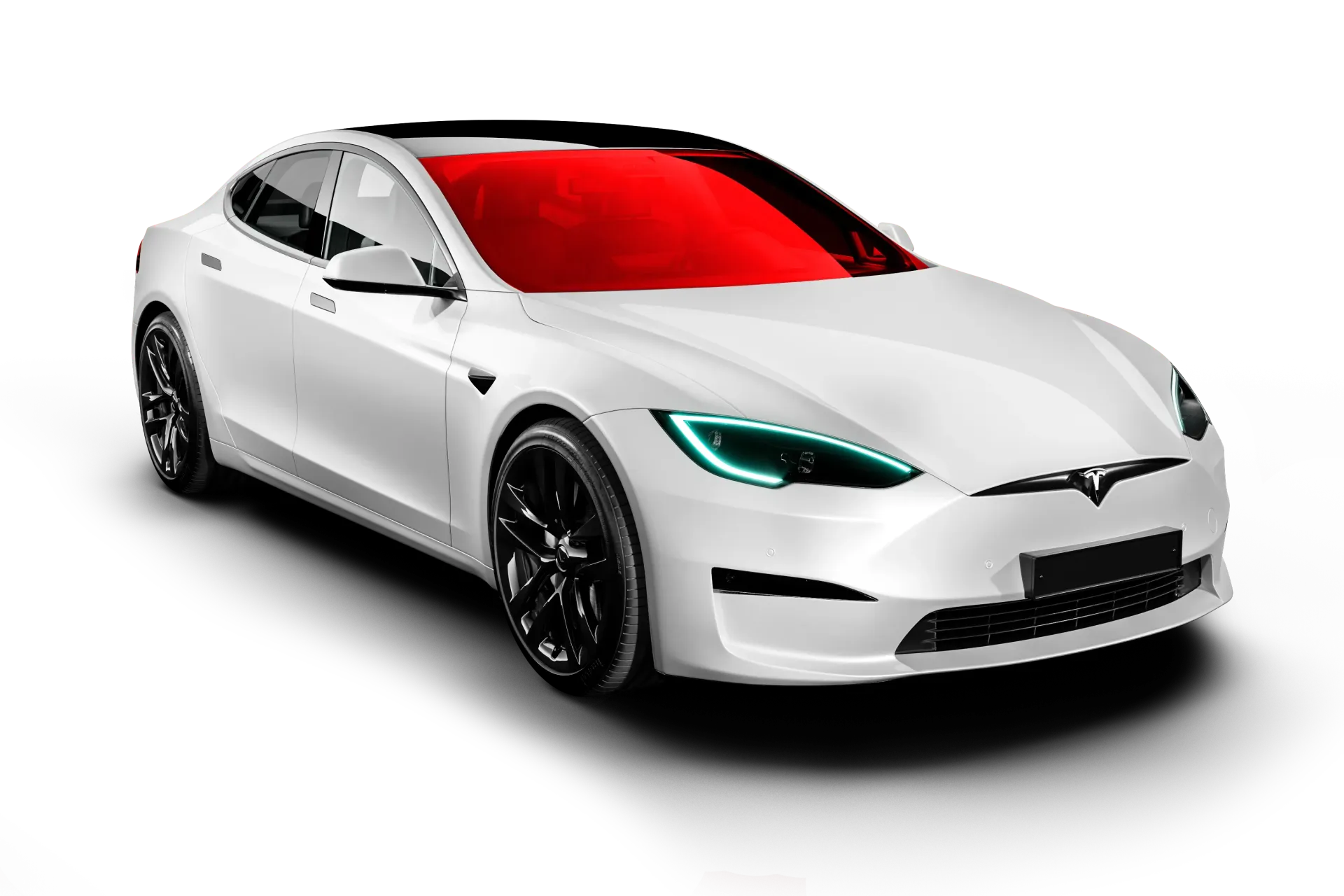 White Tesla sedan with black wheels and red-tinted windshield on a white background