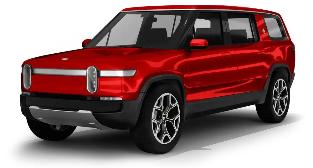Red sports car with black accents and a large rear wing, shown in a studio setting.