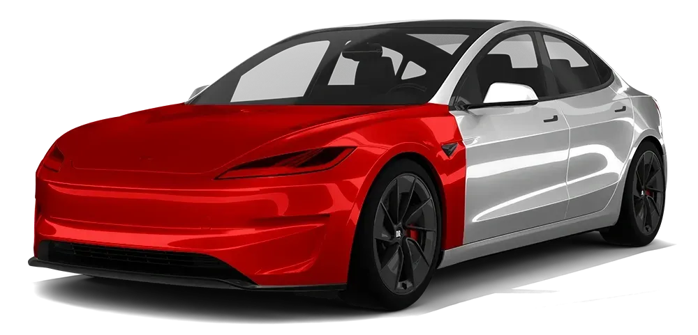 Red and silver electric sedan shown in a three-quarter front view on a white background