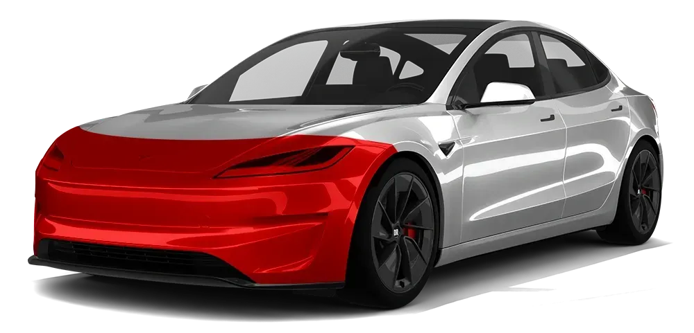 Red and silver electric sedan in side view on a white background