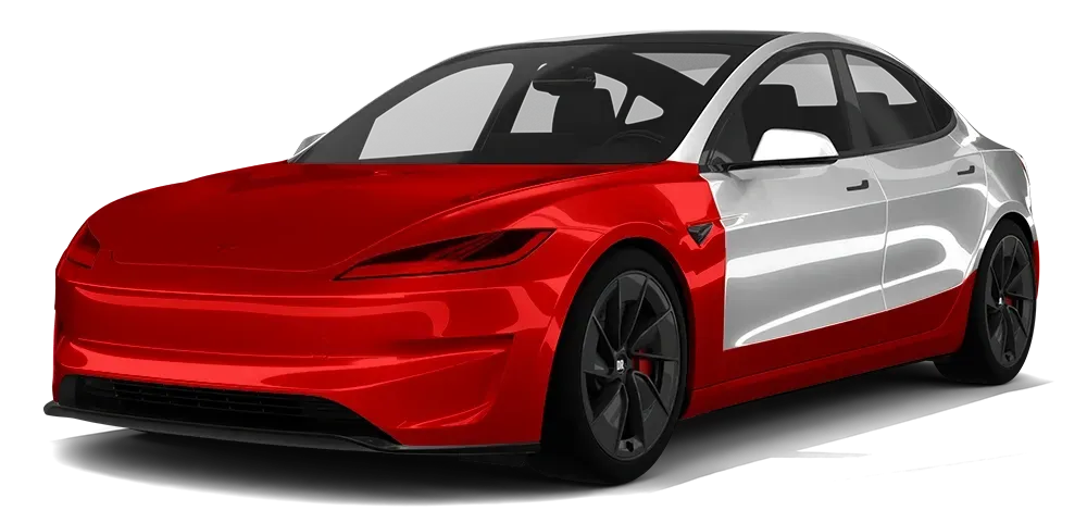 Red and silver electric sedan shown in a three-quarter front view on a white background
