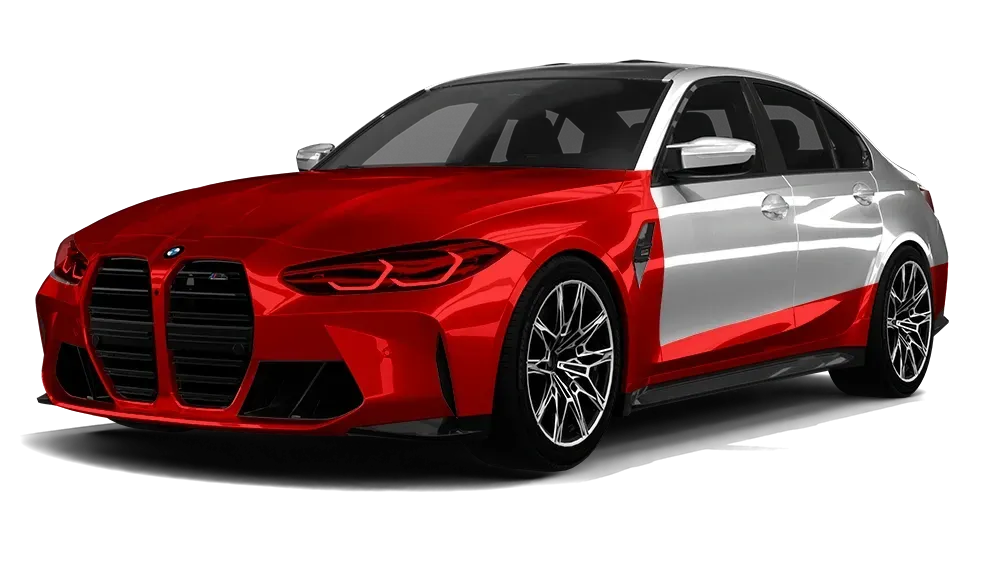 Red and silver BMW sports coupe in side view on a white background