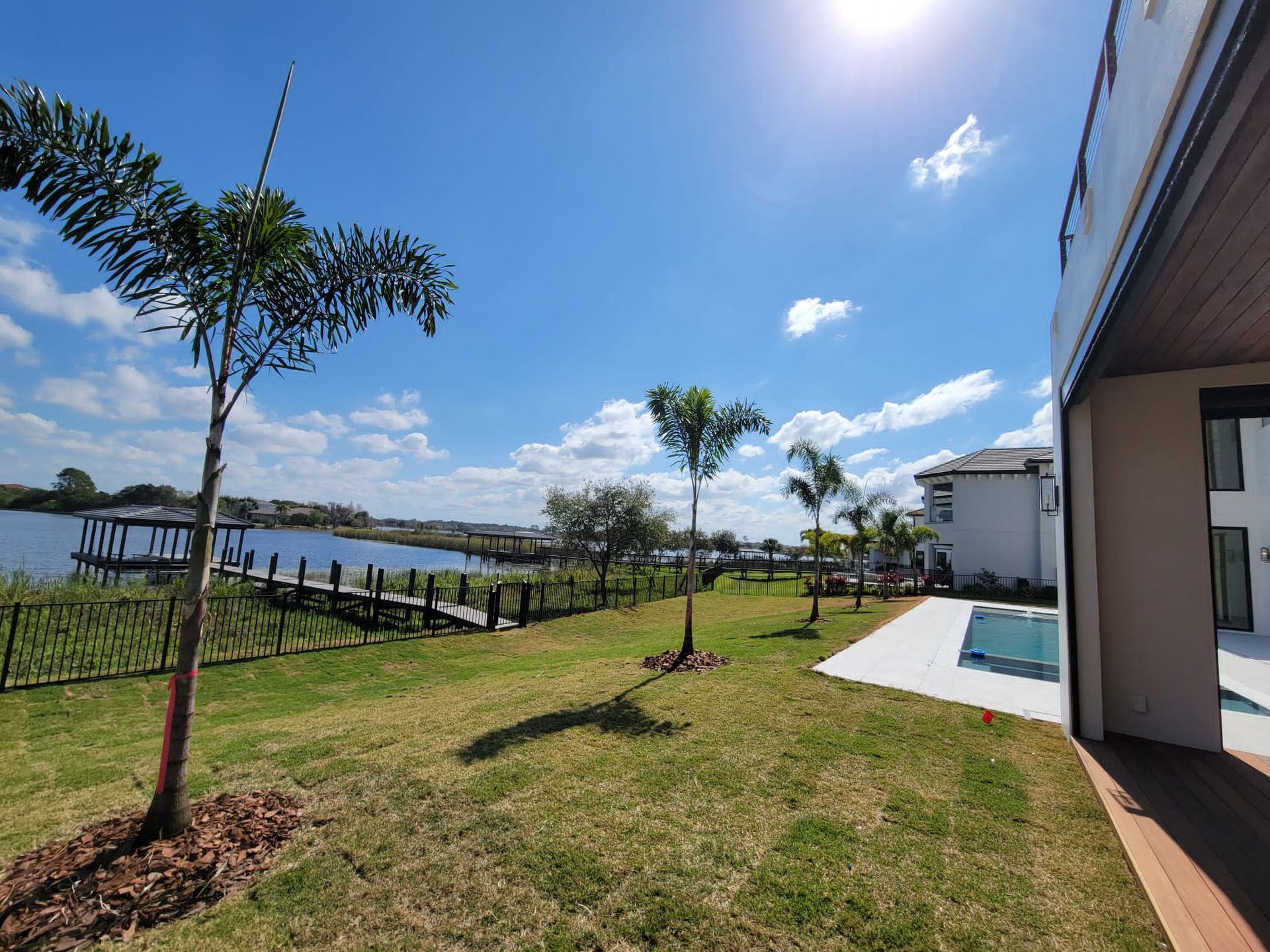 Lush green yard with palm trees, dock, and modern house under a bright blue sky.