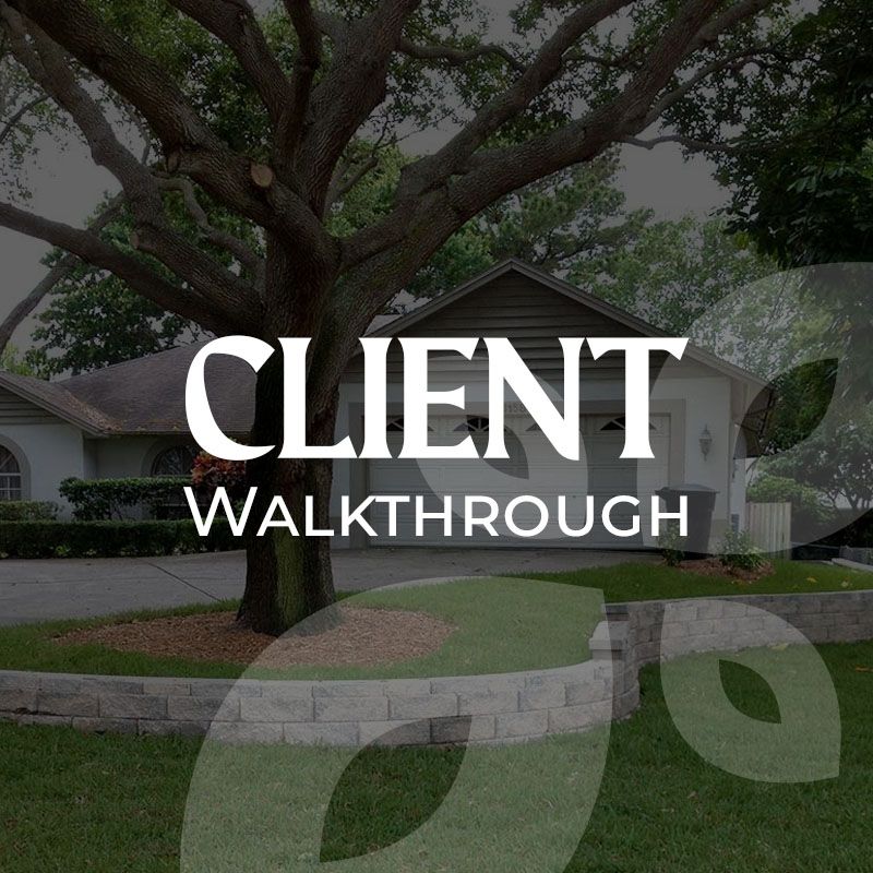Client walkthrough over a landscaped yard with a home in the background. White text over the scene.